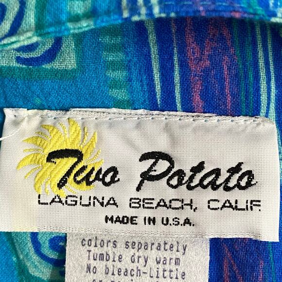 Vtg 80s 90s Two Potato Blue Artsy Midi Tiered Tie Shoulder Dress M Resort Wear - Picture 13 of 16